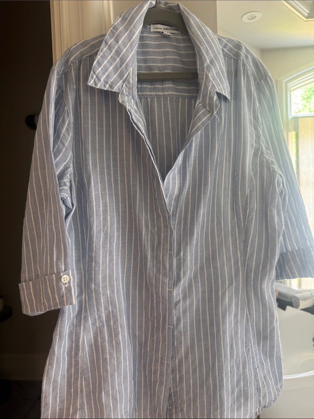 James Perse Light Blue and White Striped Button-Down Shirt